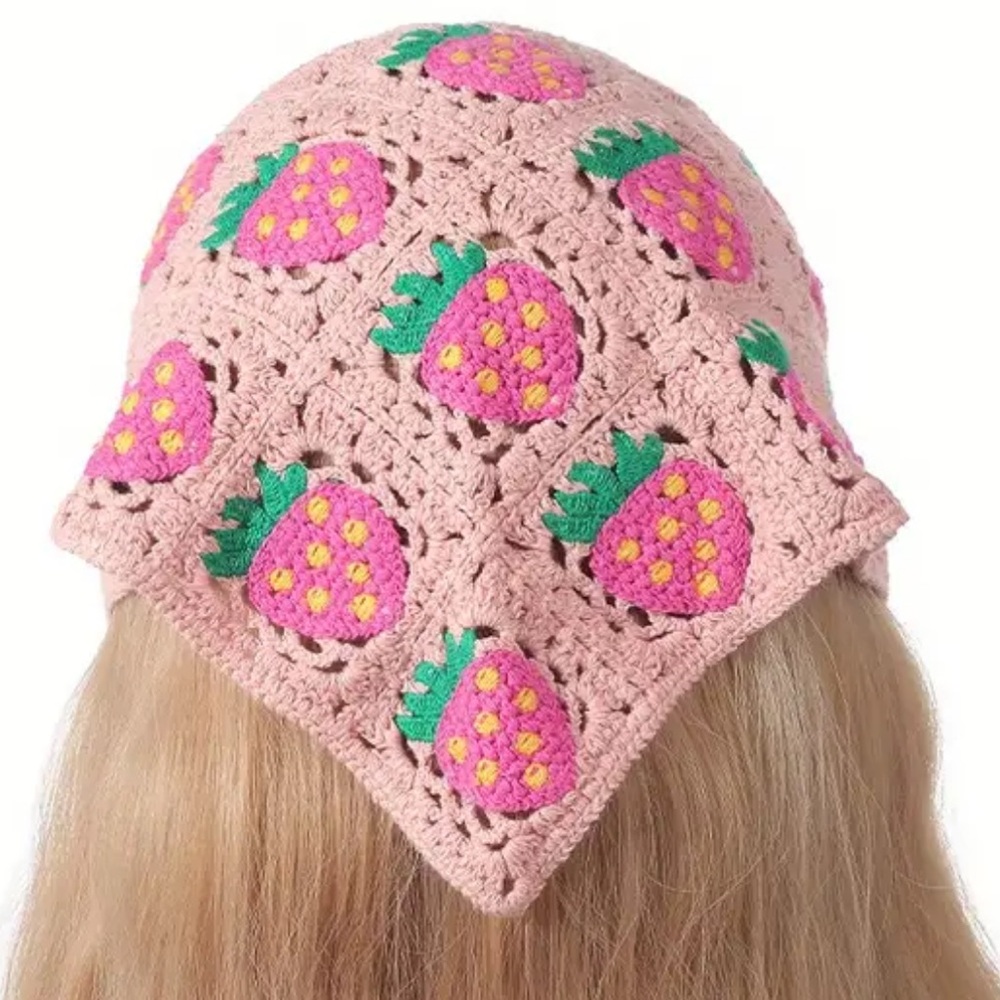Pink Strawberry Crochet Knit Head Band Piece Hair Wrap Gardening Beach Festival